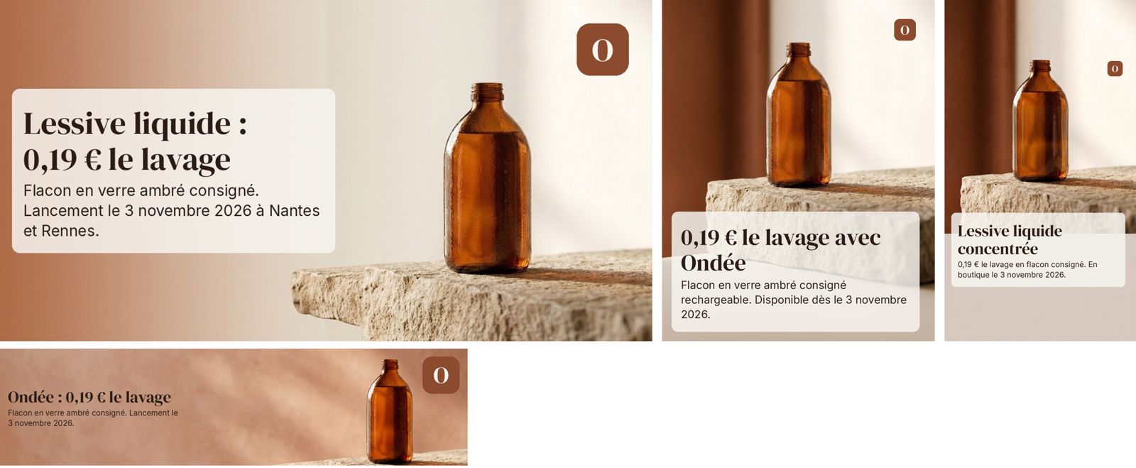 Les quatre formats produits pour la marque fictive Ondée