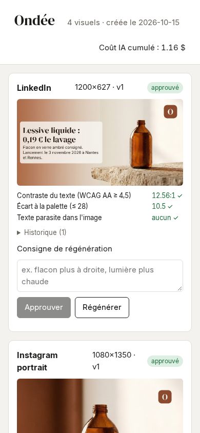 Galerie sur un téléphone de 390 px : les visuels d'abord, le kit ensuite