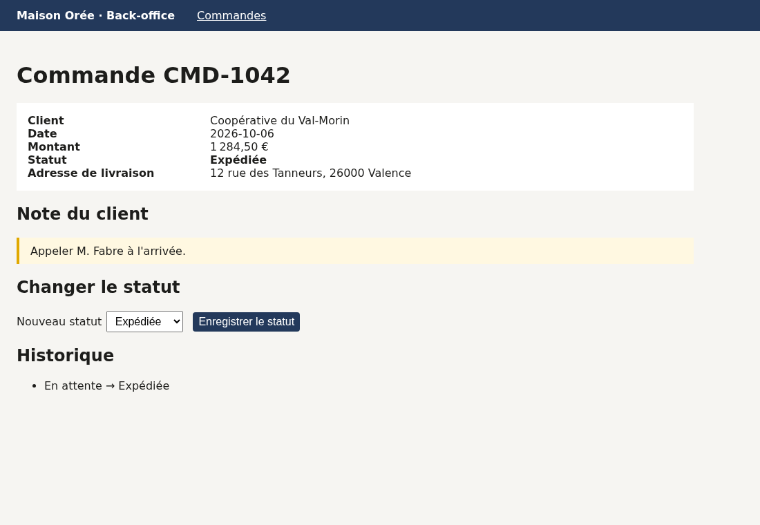 Résultat de la tâche « statut » : CMD-1042 est passée à « Expédiée », l'historique garde la transition (capture du traceur).