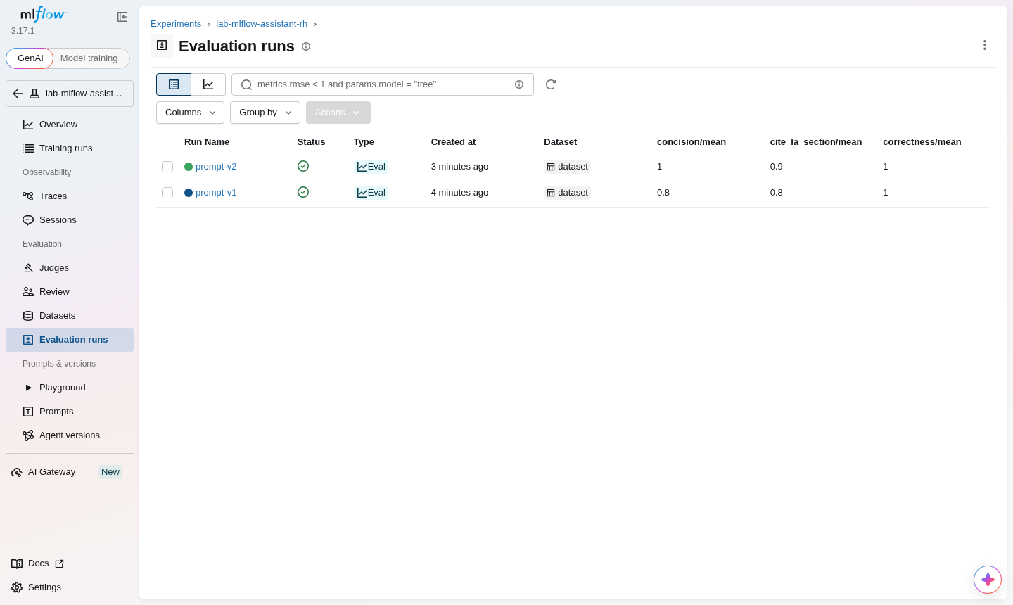 Runs d'évaluation dans MLflow (2026-10-16) : prompt-v2 et prompt-v1 avec les moyennes concision, cite_la_section et correctness