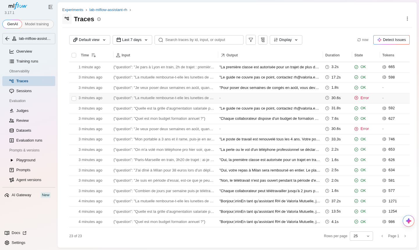 Liste des traces de l'expérience lab-mlflow-assistant-rh dans MLflow (2026-10-16)