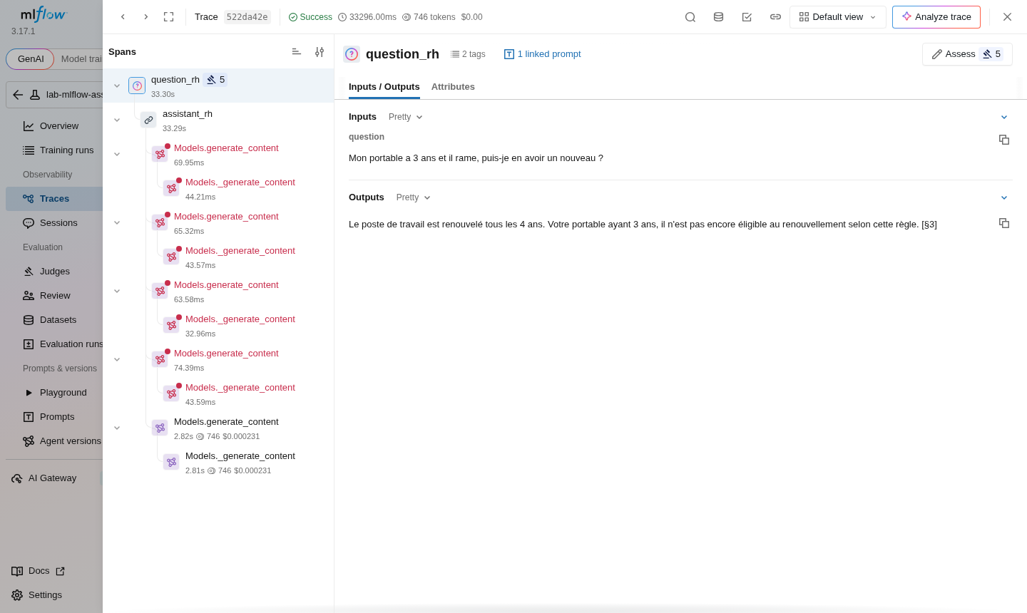 Trace d'une question dans MLflow (2026-10-16) : quatre spans Models.generate_content en erreur, puis un appel réussi de 2,82 s et 746 tokens