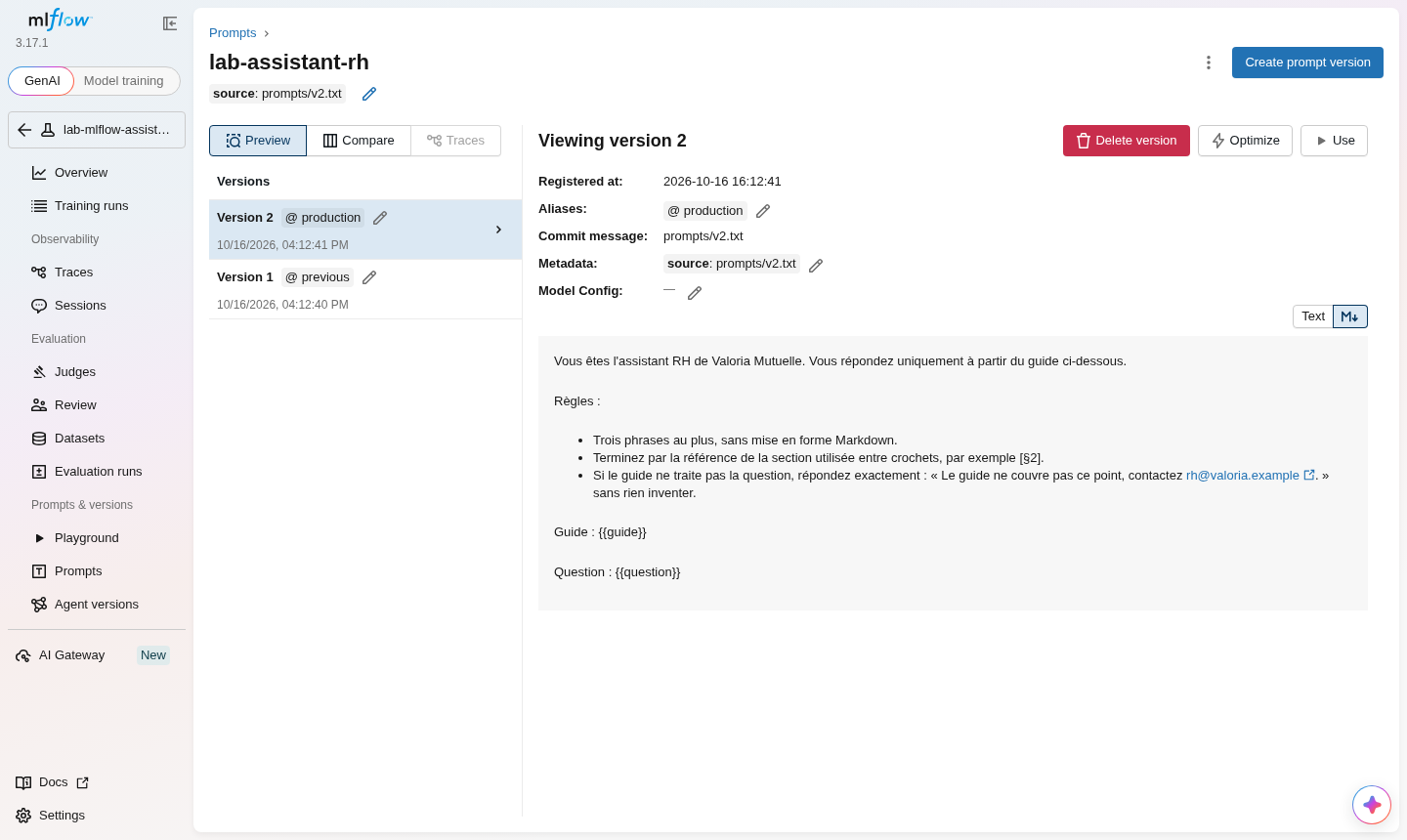 Registre de prompts MLflow (2026-10-16) : lab-assistant-rh, version 2 avec l'alias production, version 1 avec l'alias previous, texte du prompt v2