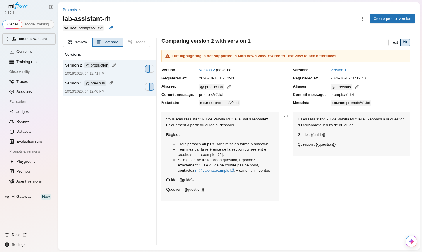 Comparaison des versions 2 et 1 du prompt dans l'interface MLflow (2026-10-16)