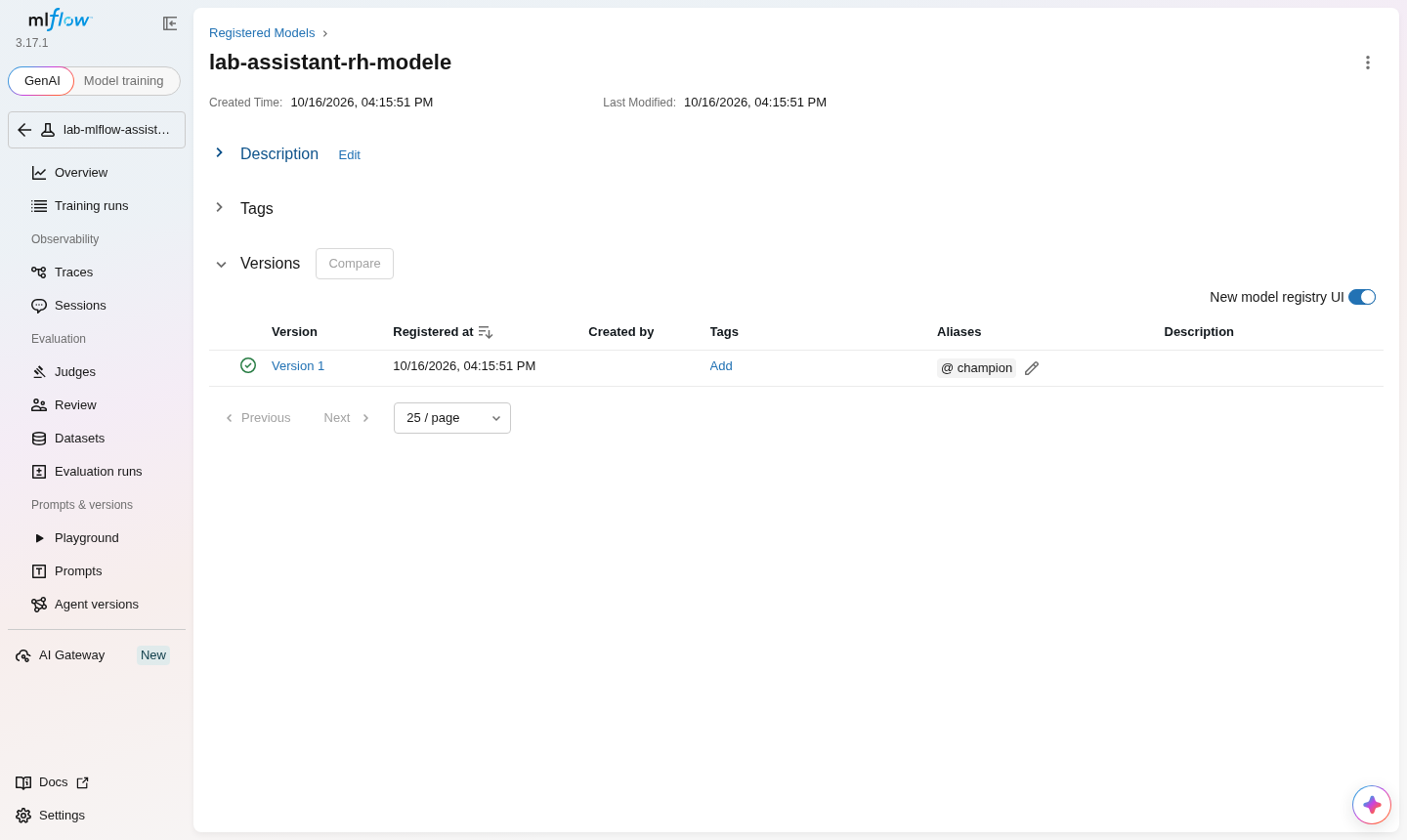 Registre de modèles MLflow après le premier make e2e sur une pile neuve (2026-10-16) : lab-assistant-rh-modele, version 1, alias champion