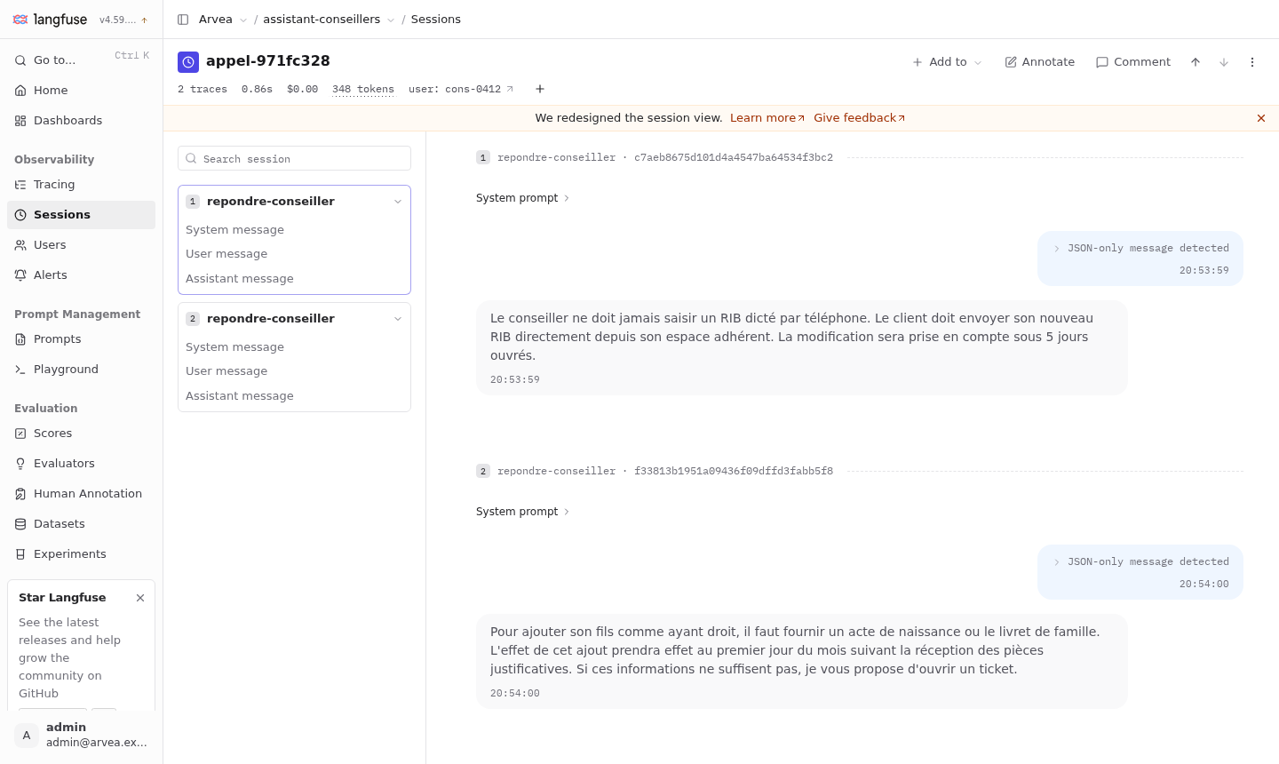 Vue session dans Langfuse : deux questions d'un même appel, réponses de l'assistant
