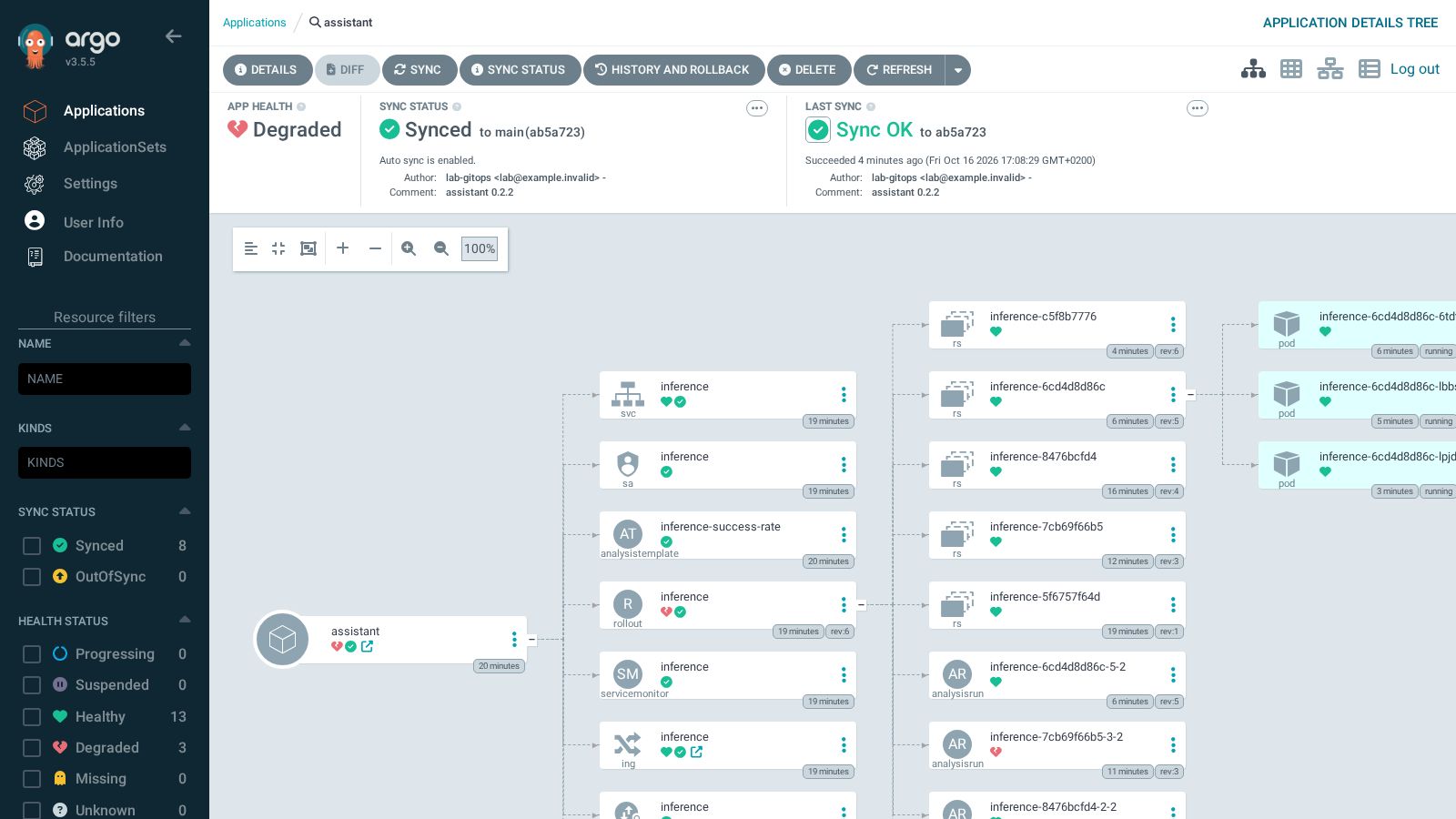 Argo CD après l'annulation automatique du canary 0.2.2 : application Synced mais Degraded, AnalysisRun en échec, pods stables seuls en service (capture réelle du 2026-10-16)
