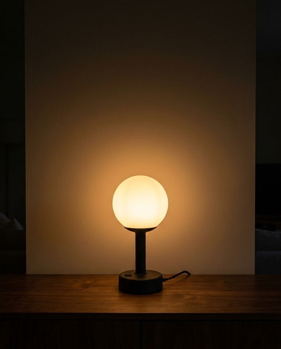 Correction de la scène du soir : « la lampe est ALLUMÉE, le globe émet une lumière chaude ; c'est la seule source de lumière » (Flash 1K, 7,8 s, 0,068 $)