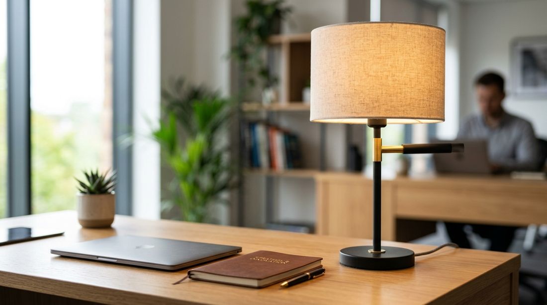 Le prompt naïf : une lampe inventée, abat-jour en tissu, un inconnu en arrière-plan