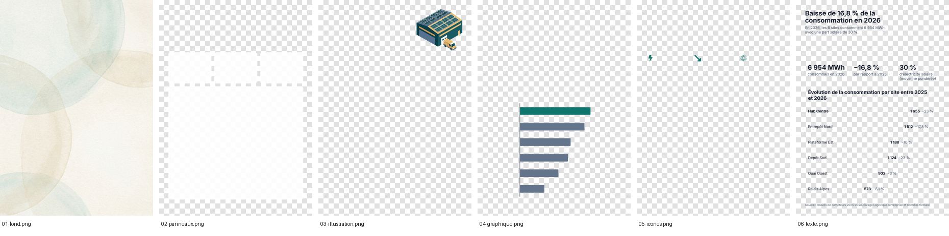 Les six calques de l'affiche, exportés en PNG transparents (damier = transparence)