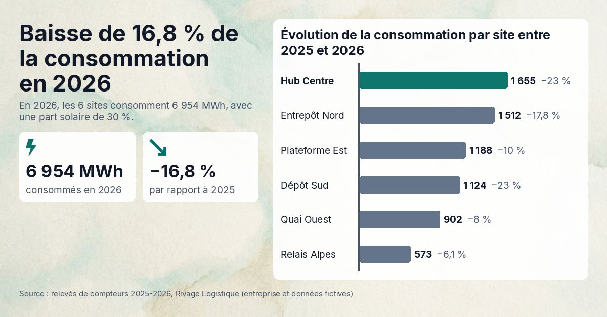 Visuel LinkedIn 1200×627 : deux colonnes, deux KPI, graphique à droite